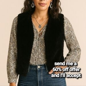 Kensie Midnight Boho Plush Fake Fur Open Vest Black Large